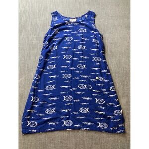 Club Mystique Blue White Fish Print Rayon Sleeveless Shift Dress Womens Small